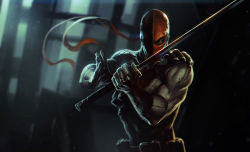 Rule 34 | 1boy, belt, clenched hand, dc comics, deathstroke, gloves, holding, holding sword, holding weapon, jimmy xu, justice league, katana, male focus, mask, muscular, one-eyed, one eye covered, ribbon, solo, sword, weapon