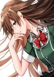 Rule 34 | 1girl, absurdres, bow, bowtie, brown eyes, brown hair, collared shirt, green jacket, hair down, highres, jacket, kantai collection, katsuobushi (eba games), long hair, looking at viewer, looking to the side, red bow, red bowtie, shirt, short sleeves, simple background, solo, tone (kancolle), upper body, white background, white shirt