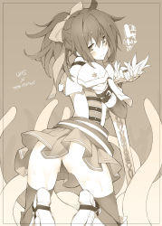 Rule 34 | 1girl, akisoba, ass, blush, from behind, highres, looking at viewer, looking back, monochrome, ragnarok online, skirt, spica parfait, sword, tentacles, weapon
