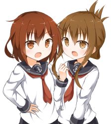 Rule 34 | 10s, 2girls, :d, anchor symbol, badge, blush, brown eyes, brown hair, fang, female focus, folded ponytail, hair between eyes, hair ornament, hairclip, hand on own hip, hand up, ikazuchi (kancolle), inazuma (kancolle), kantai collection, long hair, long sleeves, looking at viewer, multiple girls, neckerchief, open mouth, ponytail, red neckerchief, sailor collar, school uniform, serafuku, shirt, short hair, simple background, smile, upper body, white background, white shirt, yamato tachibana