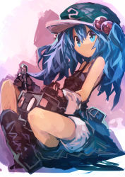 Rule 34 | 1girl, absurdres, bare shoulders, blue eyes, blue hair, boots, commentary, cross-laced footwear, gloves, hair between eyes, hair bobbles, hair ornament, hat, highres, holding, holding screwdriver, indian style, kaamin (mariarose753), kawashiro nitori, lace-up boots, long hair, looking at viewer, medium request, screwdriver, shorts, sidelocks, sitting, solo, tank top, touhou, two side up