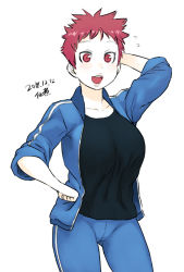 Rule 34 | 1girl, :d, arm behind head, black shirt, blue jacket, blue pants, blush, breasts, cowboy shot, dated, flying sweatdrops, hand on own hip, jacket, large breasts, looking at viewer, open clothes, open jacket, open mouth, original, pants, red eyes, red hair, shirt, short hair, signature, simple background, smile, solo, tomboy, track jacket, track pants, track suit, tsukudani (coke-buta), white background