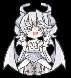 Rule 34 | 1girl, bare shoulders, black background, blush stickers, breasts, chibi, cleavage, commentary request, cowboy shot, demon girl, demon horns, demon wings, double v, dress, duel monster, earrings, garter straps, gloves, grey eyes, grey hair, highres, horns, jewelry, large breasts, looking at viewer, lovely labrynth of the silver castle, low wings, medium hair, multiple wings, open mouth, oquri, pointy ears, see-through, see-through dress, simple background, slit pupils, smile, solo, strapless, strapless dress, thighhighs, tongue, v, white gloves, white thighhighs, wings, yu-gi-oh!