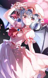 Rule 34 | 1girl, hair ribbon, highres, looking at viewer, mani (second-dimension), pointy ears, purple hair, red eyes, remilia scarlet, ribbon, short hair, solo, touhou, wings