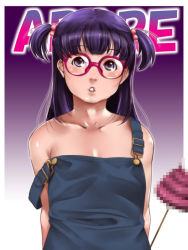 Rule 34 | 1girl, alternate hairstyle, arms behind back, bare shoulders, blue eyes, blue overalls, blush, censored, character name, denim, dr. slump, fake censor, flat chest, ganto, glasses, gradient background, hair bobbles, hair ornament, long hair, mosaic censoring, naked overalls, norimaki arale, overalls, parted lips, poop, purple eyes, purple hair, red-framed eyewear, short twintails, solo, strap slip, twintails, two side up, unchi-kun, upper body