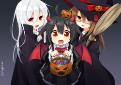 Rule 34 | 3girls, black hair, broom, brown hair, candy, food, glasses, halloween, halloween bucket, halloween costume, hat, holding, jack-o&#039;-lantern, kantai collection, kikuzuki (kancolle), looking at viewer, mikazuki (kancolle), mochizuki (kancolle), multiple girls, nagasioo, open mouth, ribbon, silver hair, simple background, twitter username, vampire costume, wings, witch hat