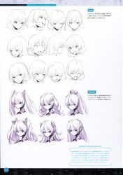 Rule 34 | 1girl, angela balzac, angry, character sheet, concept art, expressions, headgear, highres, long hair, looking at viewer, monochrome, ponytail, rakuen tsuihou, sad, saitou masatsugu, short hair, simple background, smile, twintails, white background