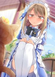 Rule 34 | 1girl, apron, black neckwear, blue dress, brown eyes, cat, cloud, cloudy sky, commentary request, dress, flower, frilled dress, frills, frown, hair between eyes, hair ribbon, hands on own knees, highres, ina (inadahime), light brown hair, looking at another, maid, maid apron, maid headdress, name tag, neck ribbon, original, outdoors, ribbon, sidelocks, sky, squatting, swept bangs, thighhighs, white thighhighs, window