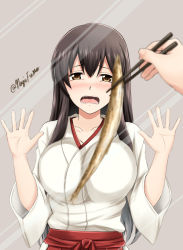 Rule 34 | 10s, 1girl, against glass, akagi (kancolle), black hair, blurry, blush, breast press, breasts, breasts on glass, brown eyes, chopsticks, depth of field, drooling, fish, fuuma nagi, hakama, hakama skirt, holding, holding chopsticks, hungry, japanese clothes, kantai collection, large breasts, long hair, looking at viewer, open mouth, red hakama, revision, saliva, saury, simple background, skirt, solo focus, twitter username