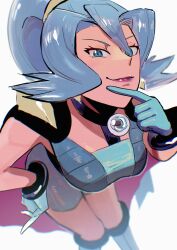 Rule 34 | 1girl, absurdres, blue eyes, blue footwear, blue gloves, blue hair, bodysuit, boots, breasts, cape, clair (pokemon), creatures (company), earrings, game freak, gloves, hair between eyes, hand on own hip, highres, jewelry, looking at viewer, medium breasts, nintendo, pokemon, pokemon hgss, ponytail, simple background, smile, solo, ukyu (komarukoune), white background