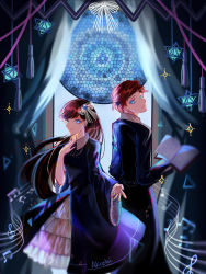 Rule 34 | 1boy, 1girl, absurdres, aliceki, aqua eyes, book, brooch, brother and sister, brown hair, collared shirt, dark persona, dipper gleeful, dress, earrings, formal, gem, gravity falls, hair ornament, hairband, highres, jewelry, large sleeves, long hair, mabel gleeful, musical note, shirt, short hair, siblings, stained glass, swept bangs, twins