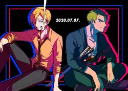 Rule 34 | 2boys, cigarette, eye contact, facial hair, feet out of frame, goatee, green hair, green kimono, hair over one eye, japanese clothes, kimono, looking at another, loose necktie, male focus, multiple boys, necktie, one piece, pectoral cleavage, pectorals, roronoa zoro, sanji (one piece), short hair, sitting, smile, smoking, sorase (srsrs 000), toned, toned male