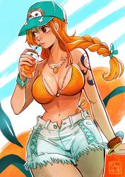 Rule 34 | 1girl, arm tattoo, baseball cap, bikini, breasts, commentary, drinking straw, english commentary, food, fruit, hat, highres, juice, large breasts, long hair, md5 mismatch, nami (one piece), navel, one piece, orange (fruit), orange hair, orange juice, short shorts, shorts, shuravf, smile, solo, swimsuit, tattoo, unbuttoned