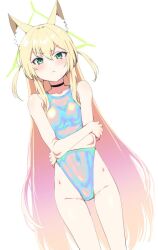 Rule 34 | 1girl, animal ear fluff, animal ears, bare shoulders, blonde hair, blue archive, blue one-piece swimsuit, blush, breasts, cat, choker, clearite, collarbone, covered navel, green eyes, hair between eyes, halo, highleg, highleg swimsuit, iridescent, kurumi (blue archive), long hair, looking at viewer, one-piece swimsuit, small breasts, solo, swimsuit, thighs, two side up, very long hair, white background