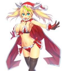 Rule 34 | 1girl, aqua eyes, asamura hiori, bare shoulders, blonde hair, blue eyes, blush, breasts, cape, christmas, cleavage, female focus, gen&eacute; (pso2), gene (pso2), gloves, green hair, hair between eyes, hat, highres, large breasts, long hair, looking at viewer, multicolored hair, open mouth, phantasy star, phantasy star online 2, red gloves, santa costume, santa hat, smile, solo, thighhighs, twintails