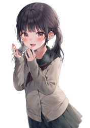 Rule 34 | 1girl, :d, black hair, black sailor collar, black skirt, blush, breathing on hands, brown eyes, cardigan, commentary request, fang, grey cardigan, hands up, long hair, looking at viewer, midorikawa you, neckerchief, open mouth, original, pleated skirt, red neckerchief, sailor collar, school uniform, serafuku, simple background, skirt, smile, solo, twintails, white background