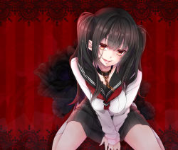 Rule 34 | 1girl, black hair, border, breasts, brown eyes, collar, lace, lace border, looking at viewer, original, ornate border, parted lips, school uniform, serafuku, sherypton, sitting, socks, solo, striped, striped background, two side up, v arms, vertical stripes, wariza, white socks