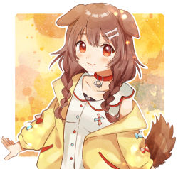 Rule 34 | 1girl, animal ears, bone hair ornament, braid, brown hair, cartoon bone, collar, collarbone, commentary request, dog ears, dog girl, dog tail, dress, fang, fang out, hair ornament, highres, hololive, inugami korone, inugami korone (1st costume), jacket, long hair, long sleeves, looking at viewer, low twin braids, off shoulder, outline, red collar, red eyes, sleeveless, sleeveless dress, smile, solo, suicchonsuisui, tail, twin braids, virtual youtuber, white dress, white outline, yellow jacket