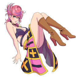 Rule 34 | 1girl, absurdres, bare arms, bare shoulders, blush, boots, breasts, brown footwear, checkered clothes, checkered skirt, choker, cleavage, commentary, full body, green eyes, high heel boots, high heels, highres, jojo no kimyou na bouken, knee boots, knees up, looking at viewer, medium breasts, midriff, navel, parted lips, pink hair, pink lips, short hair, simple background, skirt, solo, stomach, thighs, trish una, vento aureo, white background, yamashita shun&#039;ya