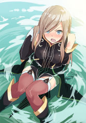 Rule 34 | 00s, 1girl, angry, bare shoulders, black thighhighs, blue eyes, blush, boots, brown hair, detached sleeves, garter straps, gloves, hyakuen raitaa, long hair, partially submerged, solo, tabard, tales of (series), tales of the abyss, tear grants, thighhighs, water, wet, wet clothes