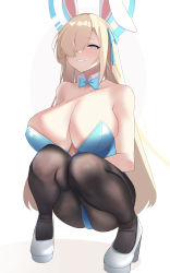 Rule 34 | 1girl, absurdres, animal ears, asuna (blue archive), asuna (bunny) (blue archive), bad id, bad pixiv id, bare shoulders, blue archive, blue eyes, blue leotard, blush, breasts, brown pantyhose, cleavage, detached collar, elbow gloves, fake animal ears, gloves, grin, hair over one eye, halo, highleg, highleg leotard, highres, large breasts, leotard, light brown hair, long hair, looking at viewer, mole, mole on breast, musicatopos, pantyhose, playboy bunny, rabbit ears, smile, solo, squatting, white gloves
