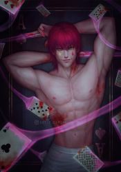 Rule 34 | 1boy, abs, absurdres, armpits, arms up, artcami, blood, blood on arm, blood on hands, card, closed mouth, club (shape), commentary, facial mark, fingernails, hair down, hand up, highres, hisoka morow, holding, holding card, hunter x hunter, jewelry, long fingernails, looking at viewer, magic, male focus, muscular, muscular male, navel, nipples, pants, pectorals, playing card, red hair, sharp fingernails, short hair, smile, solo, spade (shape), star (symbol), star facial mark, teardrop facial mark, topless male, white pants, yellow eyes
