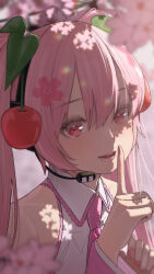 Rule 34 | 1girl, :d, bananafish1111, bare shoulders, cherry blossoms, commentary, hatsune miku, headset, highres, looking at viewer, necktie, open mouth, pink eyes, pink hair, pink nails, sakura miku, smile, solo, teeth, twintails, vocaloid