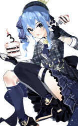 Rule 34 | 1girl, absurdres, asymmetrical legwear, belt, belt buckle, beret, blue eyes, blue hair, blush, bow, buckle, cake, choker, crown, earrings, food, food on face, frilled skirt, frills, gloves, grey hat, hair between eyes, hair ornament, hat, high heels, highres, hololive, hoshimachi suisei, hoshimachi suisei (1st costume), jewelry, long hair, looking at viewer, mania (fd6060 60), mini crown, open mouth, plaid, ribbon, side ponytail, skirt, solo, star-shaped pupils, star (symbol), symbol-shaped pupils, thigh strap, uneven legwear, virtual youtuber