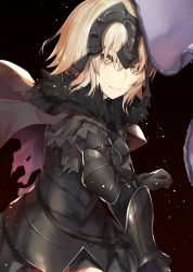Rule 34 | 1girl, absurdres, ahoge, armor, armored dress, banner, black cola, blonde hair, breasts, cape, capelet, clenched hand, closed mouth, cowboy shot, expressionless, fate/grand order, fate (series), flag, flagpole, fur-trimmed cape, fur-trimmed flag, fur trim, gauntlets, gloves, gradient background, headpiece, highres, holding, holding flag, jeanne d&#039;arc (fate), jeanne d&#039;arc alter (avenger) (fate), jeanne d&#039;arc alter (avenger) (first ascension) (fate), jeanne d&#039;arc alter (fate), large breasts, light particles, long hair, looking at viewer, short hair, sidelocks, simple background, solo, sparkle, thighs, torn cape, torn clothes, upper body, wind, yellow eyes