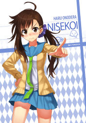 Rule 34 | 10s, 1girl, 3:, 3:&lt;, ahoge, argyle, argyle background, argyle clothes, artist name, blush, brown eyes, brown hair, cardigan, character name, collarbone, copyright name, cowboy shot, fingernails, hand on own hip, index finger raised, long hair, long sleeves, looking at viewer, low ponytail, necktie, nisekoi, nose blush, npcpepper, onodera haru, open cardigan, open clothes, outstretched arm, pleated skirt, pointing, school uniform, scrunchie, serafuku, shirt, side ponytail, skirt, solo, v-shaped eyebrows, wavy mouth