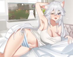 Rule 34 | 1girl, absurdres, ahoge, animal ear fluff, animal ears, arm up, armpits, blanket, blue eyes, blush, breasts, cat ears, cleavage, commentary, english commentary, fang, highres, large breasts, long hair, lulanoon, navel, one eye closed, open mouth, panties, pillow, shirt, side-tie panties, striped clothes, striped panties, television, underwear, vei (vtuber), vei (vtuber) (8th costume), very long hair, virtual youtuber, vshojo, white hair, white shirt, yawning