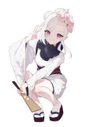 Rule 34 | 1girl, absurdres, blue archive, blush, flower, gong cha, hair flower, hair ornament, highres, holding, japanese clothes, kimono, long sleeves, looking at viewer, mutsuki (blue archive), mutsuki (new year) (blue archive), obi, open mouth, pink flower, pointy ears, purple eyes, sash, short hair, simple background, smile, socks, solo, squatting, v, white background, white hair, white kimono, white socks, wide sleeves