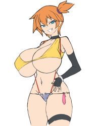Rule 34 | adapted costume, armpits, asymmetrical hair, bare arms, bare legs, bare shoulders, blush, breast slip, breasts, cleavage, condom, cowboy shot, creatures (company), dd (giogio99), denim, denim shorts, earrings, game freak, gloves, green eyes, gym leader, highres, huge breasts, jewelry, large breasts, legs, looking at viewer, misty (pokemon), navel, nintendo, orange hair, pokemon, pokemon (anime), pokemon (classic anime), ponytail, shirt, short hair, short shorts, shorts, side ponytail, simple background, smile, solo, standing, tank top, thick thighs, thighs, underboob, white background, white shirt, wide hips