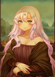Rule 34 | 1girl, bare shoulders, blush, breasts, chair, cleavage, closed mouth, commentary, dated, dress, english commentary, fine art parody, fingernails, flower, hair flower, hair ornament, highres, indie virtual youtuber, long hair, long sleeves, looking at viewer, lyrica (vtuber), mona lisa, parody, pink hair, purple eyes, red dress, signature, sitting, smile, solo, temachii, veil, very long hair, virtual youtuber