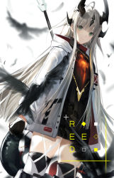 Rule 34 | 1girl, absurdres, arknights, bad id, bad pixiv id, bird, black dress, character name, commentary, cowboy shot, dress, green eyes, hatachi8p, highres, horns, jacket, long hair, long sleeves, open clothes, open jacket, reed (arknights), short dress, silver hair, simple background, solo, standing, thighhighs, very long hair, white background, white jacket, zettai ryouiki
