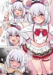 Rule 34 | 1boy, 1girl, animal ears, black legwear, blush, brooch, closed eyes, comic, commentary request, crop top, crop top overhang, crying, crying with eyes open, fake animal ears, granblue fantasy, hair ornament, hairband, hairclip, hands on own hips, heart, heart brooch, jewelry, long sleeves, looking at viewer, midriff, miniskirt, mouse ears, navel, one eye closed, open mouth, out of frame, pleated skirt, shiny skin, short hair, skirt, spicy moo, standing, tears, translated, twitter username, unworn hairband, vikala (granblue fantasy), white hair, white skirt