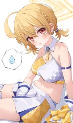 Rule 34 | 1girl, ahoge, bare shoulders, between legs, blonde hair, blue archive, blush, breasts, cheerleader, closed mouth, collar, commentary, detached collar, gloves, halo, hand between legs, highres, holding, holding pom poms, kotori (blue archive), kotori (cheer squad) (blue archive), looking at viewer, medium breasts, midriff, millennium cheerleader outfit (blue archive), miniskirt, muffin top, navel, pleated skirt, pom pom (cheerleading), pom poms, red eyes, shijima (shijima tc), short twintails, sitting, skirt, solo, twintails, white collar, white gloves, white skirt, yellow halo