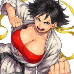 Rule 34 | 1girl, bandeau, belt, black belt, black hair, breasts, capcom, choker, cleavage, clenched hand, collarbone, covered erect nipples, dougi, fingernails, frown, grey eyes, jacket, large breasts, looking at viewer, makoto (street fighter), open mouth, pants, short hair, shu-mai, simple background, solo, strapless, street fighter, street fighter iii (series), tube top, undressing, v-shaped eyebrows, white background, white jacket, white pants, yellow choker