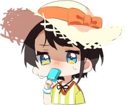 Rule 34 | 1girl, black hair, blue eyes, blush, chibi, commentary request, cropped torso, eating, food, food in mouth, hat, hololive, looking at viewer, mashiro io, nose blush, oozora subaru, oozora subaru (1st costume), popsicle, short hair, simple background, solo, straw hat, sweat, virtual youtuber, white background, wristband