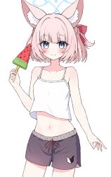 Rule 34 | 1girl, animal ear fluff, animal ears, black shorts, blue archive, blue eyes, blue halo, blush, breasts, camisole, closed mouth, collarbone, cowboy shot, food, fox ears, halo, highres, holding, holding food, looking at viewer, navel, niko (blue archive), pink hair, popsicle, sateto (user knrf2332), short hair, shorts, simple background, small breasts, smile, solo, white background, white camisole