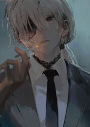 Rule 34 | 1girl, absurdres, black eyes, black necktie, blue background, chainsaw man, cigarette, collared shirt, expressionless, eyepatch, grey hair, grey jacket, highres, holding, holding cigarette, jacket, kurikabacha, lace-trimmed collar, lace-trimmed eyepatch, lace trim, long hair, looking to the side, low ponytail, necktie, one eye covered, out of frame, parted lips, ponytail, portrait, quanxi (chainsaw man), shirt, simple background, solo focus, white shirt