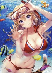 Rule 34 | 1girl, :3, absurdres, against fourth wall, against glass, air bubble, akagi asahito, animal, animal ears, arm up, armpits, bare arms, bare shoulders, bikini, blue eyes, blush, breasts, brown hair, bubble, cleavage, closed mouth, cowboy shot, cropped, day, diving, diving mask, diving mask on head, fingernails, fish, freediving, goggles, goggles on head, groin, halterneck, hand on goggles, hand up, highres, holding breath, large breasts, long fingernails, long hair, looking at viewer, nail polish, navel, non-web source, seafloor, otabe sakura, outstretched hand, purple eyes, red bikini, red nails, scan, side-tie bikini bottom, skindentation, smile, snorkel, solo, spread fingers, standing, stomach, strap gap, submerged, sunlight, swimsuit, tail, thigh gap, tiger ears, tiger girl, tiger tail, toranoana, underwater, water