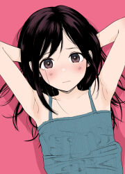 Rule 34 | 1girl, 1other, armpits, arms behind head, arms up, bare shoulders, black hair, blush, brown eyes, camisole, closed mouth, commentary request, grabbing, grabbing another&#039;s breast, hanamizawa q-tarou, hand under clothes, highres, looking at viewer, medium hair, original, paid reward available, pink background, simple background, straight-on, tareme, upper body, variant set