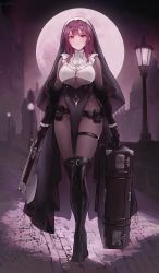 Rule 34 | black pantyhose, bodysuit, boots, breasts, chowbie, curvy, frills, full moon, headdress, highres, looking at viewer, moon, nun, original, outdoors, pantyhose, pelvic curtain, red eyes, red hair, suitcase, thigh boots, thighs, underboob, weapon