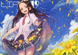 Rule 34 | 1girl, :d, black skirt, blue eyes, blue flower, blue sky, blurry, blurry foreground, brown flower, brown hair, cloud, collared shirt, commentary request, day, depth of field, dress shirt, flower, flower wreath, head wreath, long hair, looking at viewer, necktie, nemophila (flower), open mouth, orange flower, orange pansy, original, outdoors, pansy, parted bangs, partially unbuttoned, petals, purple flower, purple pansy, red flower, red necktie, shirabi, shirt, short sleeves, skirt, skirt basket, skirt hold, sky, smile, solo, standing, very long hair, white flower, white shirt, wind, yellow flower
