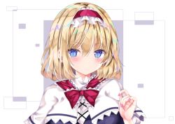 Rule 34 | 1girl, alice margatroid, blonde hair, blue eyes, bow, capelet, closed mouth, frilled hairband, frills, hairband, lolita hairband, looking at viewer, nanase nao, pink neckwear, red bow, red hairband, red neckwear, short hair, solo, touhou, upper body, white capelet