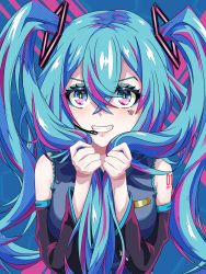 Rule 34 | 1girl, absurdres, arm tattoo, black sleeves, blue hair, detached sleeves, grey shirt, grin, hair between eyes, hatsune miku, highres, holding, holding own hair, long hair, long sleeves, microphone, pink eyes, shippaidayo, shirt, sleeveless, sleeveless shirt, smile, solo, tattoo, twintails, upper body, very long hair, vocaloid