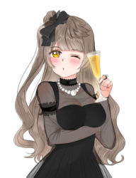 Rule 34 | 1girl, :o, artist name, artist request, black bow, black choker, black dress, black skirt, blush, bow, breasts, brown eyes, brown hair, choker, collarbone, cup, dress, drinking glass, female focus, grey hair, hair bow, highres, holding, holding drinking glass, jewelry, light brown hair, long hair, love live!, love live! school idol project, medium breasts, minami kotori, necklace, one eye closed, parted lips, pearl necklace, ring, see-through, skirt, smile, solo, white background