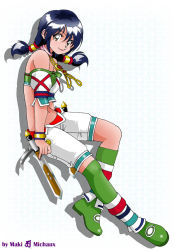 Rule 34 | 1girl, artist name, bare shoulders, black hair, brown eyes, character name, jewelry, looking at viewer, low twintails, maki michaux, midriff, necklace, shorts, sitting, smile, solo, soul calibur, soulcalibur ii, talim, tonfa, twintails, weapon