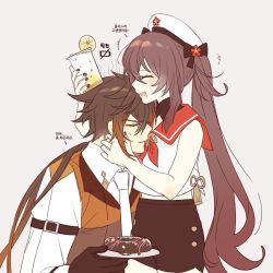 Rule 34 | +++, 1boy, 1girl, absurdres, ahoge, black gloves, black nails, blush, brown hair, closed eyes, collared shirt, commentary request, dessert, eyeliner, food, food on face, genshin impact, gloves, gradient hair, grey background, highres, holding, holding plate, hu tao (autumn pop-up store) (genshin impact), hu tao (genshin impact), korean commentary, long hair, low ponytail, multicolored hair, nail polish, necktie, open mouth, orange hair, plate, red eyeliner, red sailor collar, sailor collar, shirt, sp0i0ppp, sweatdrop, twintails, white headwear, white necktie, wing collar, zhongli (autumn pop-up store) (genshin impact), zhongli (genshin impact)